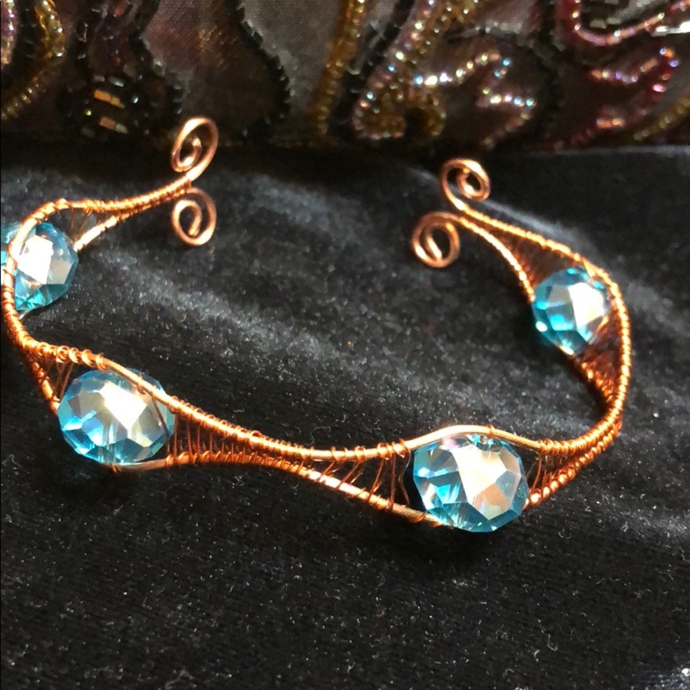 Copper Weave Bracelet w/ blue faceted crystals